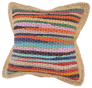 Bold Multicolored Chindi Jute Bordered Throw Pillow