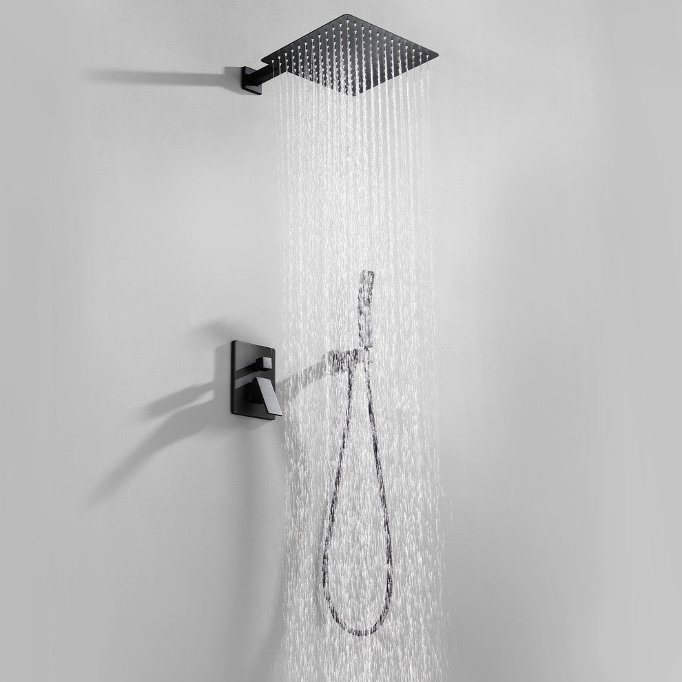 Wellfor Shower Faucet with Rain Shower Head, Handheld Shower and Valve, Black, 10" Shower Head