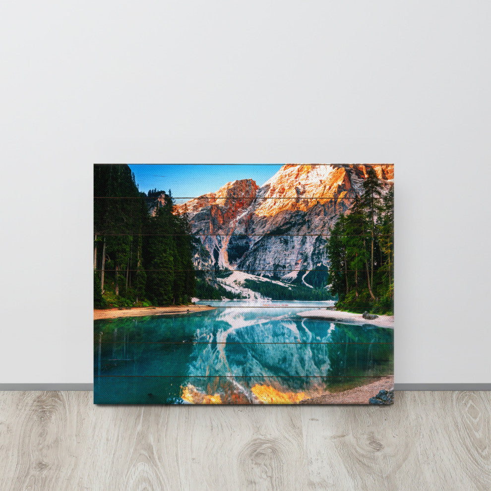 Faux Wood Misty Lake and Snow-cap Mountain Reflections Canvas Prints, 16" X 20"