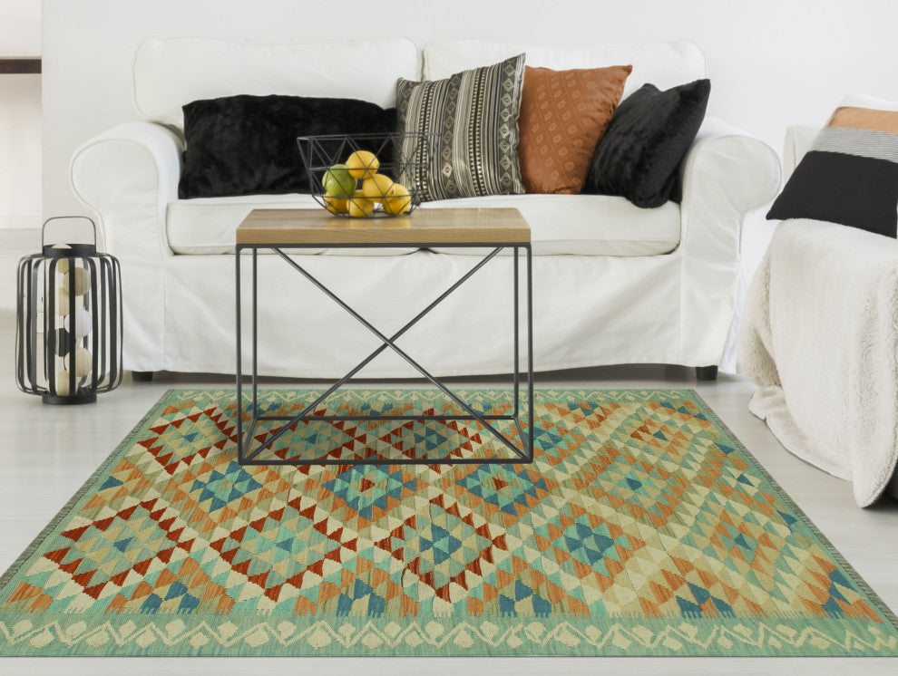 Sangat Kilim Jamshid Light Blue/Orange Rug, 4'3x5'4