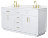 Beckett TK 66" White Double Vanity, White Quartz Top, 3-Hole, Gold Trim