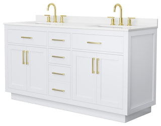 Beckett TK 66" White Double Vanity, White Quartz Top, 3-Hole, Gold Trim