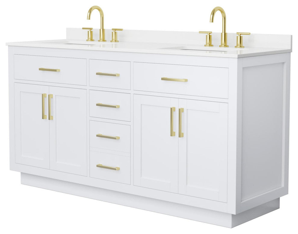 Beckett TK 66" White Double Vanity, White Quartz Top, 3-Hole, Gold Trim