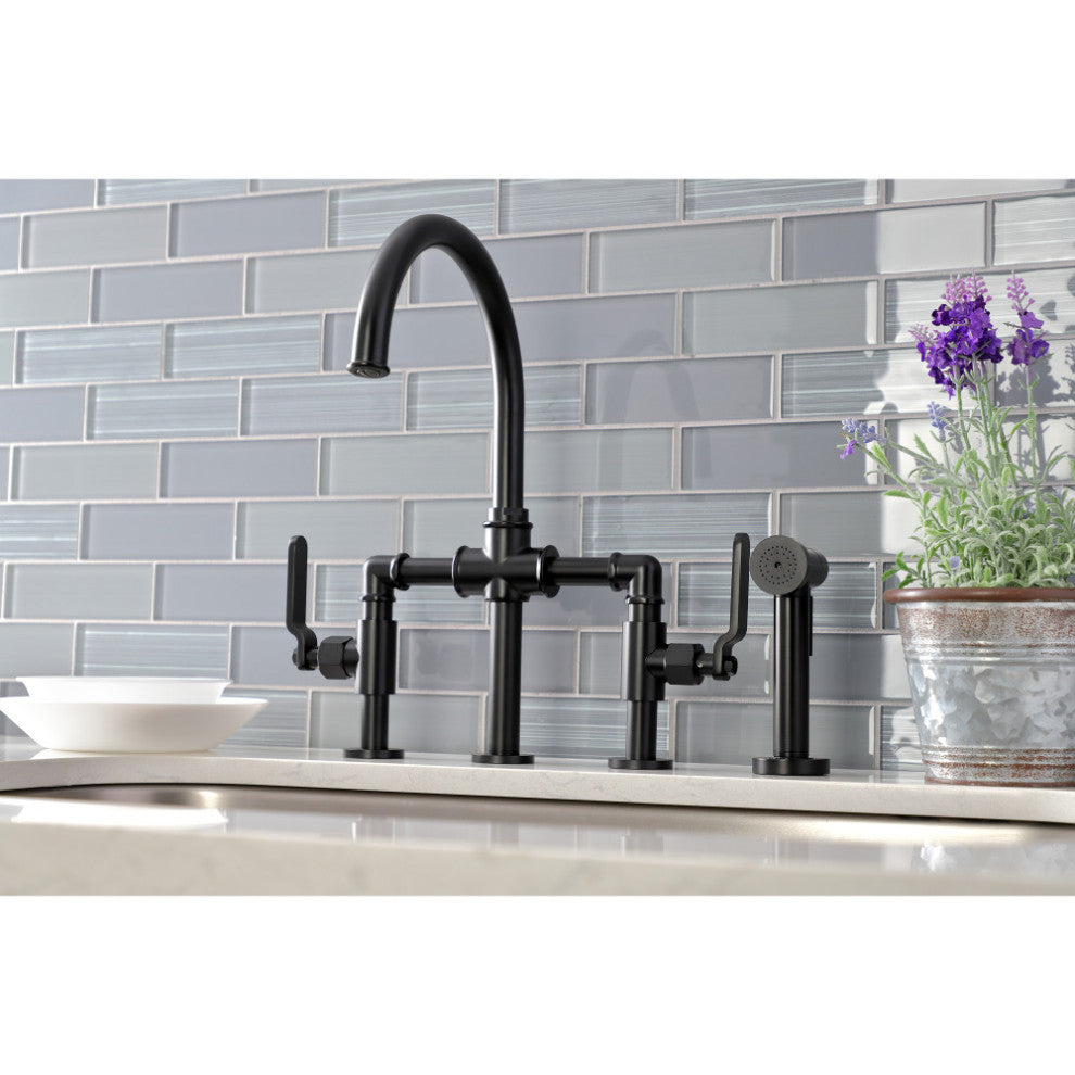 KS2330KL Industrial Style Bridge Kitchen Faucet With Brass Sprayer, Matte Black