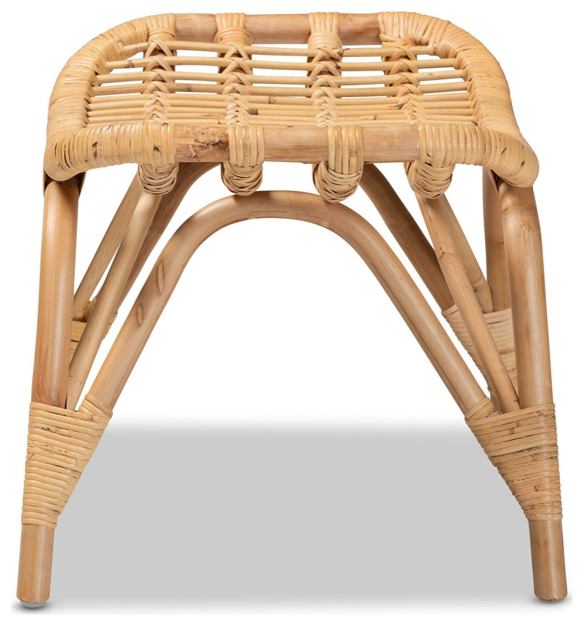 Modern Bohemian Natural Brown Rattan Ottoman