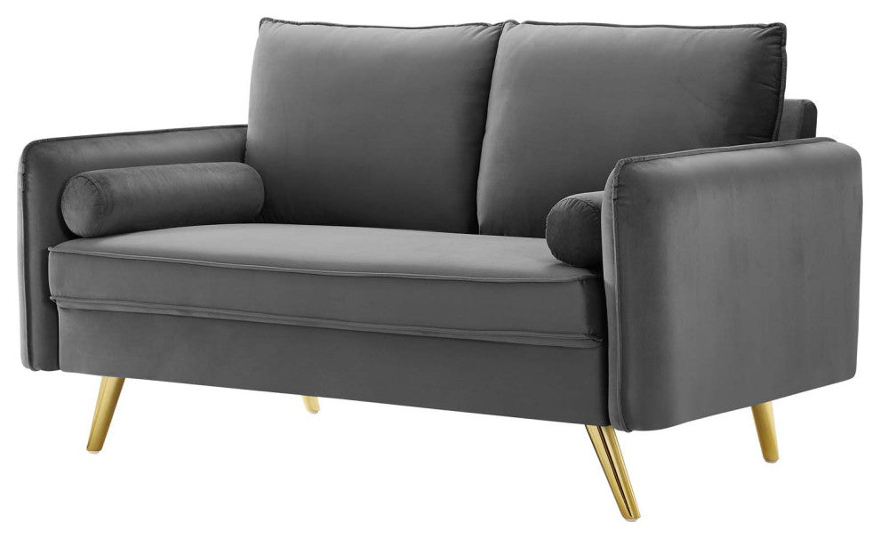 Loveseat Sofa, Velvet, Gray, Modern, Living Lounge Hotel Lobby Hospitality