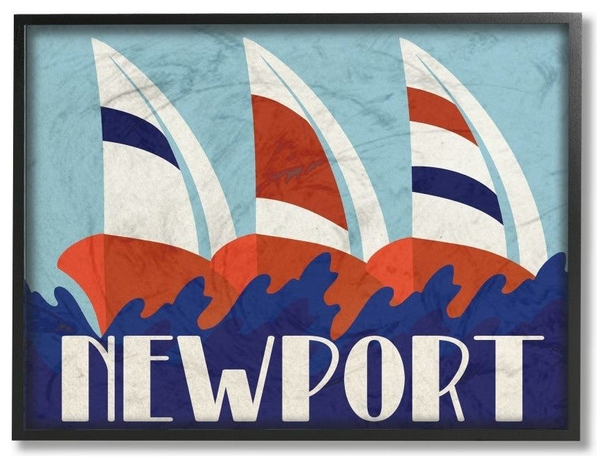 Lithograph Poster Blue Red, White Striped Newport Sailboats, Framed, 24"x30"