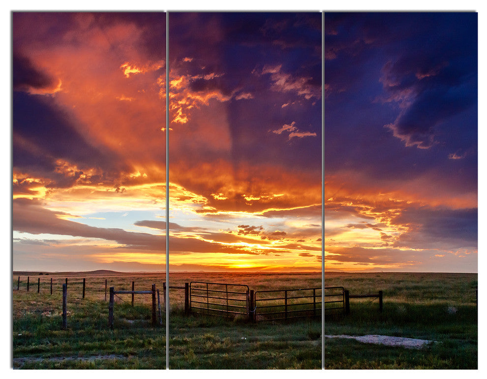 Dramatic Sunset over Prairie, Landscape Triptych Canvas Art, 36x28, 3 Panels