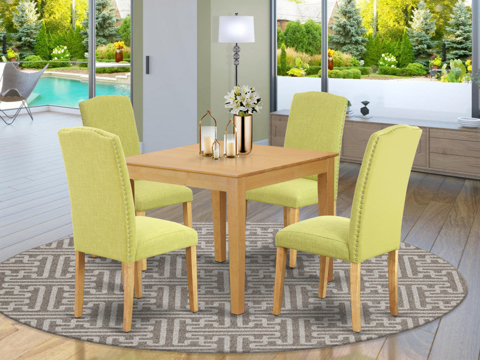 5Pc Square 36" Table And Four Parson Chair, Oak Leg And Linen Fabric Limelight