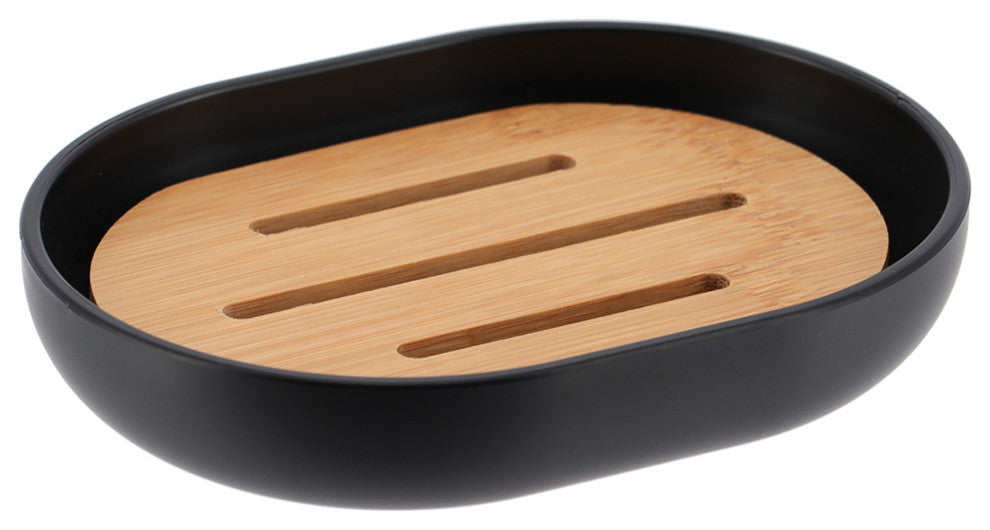 Black PADANG Soap Dish Cup Dispenser with Bamboo Tray