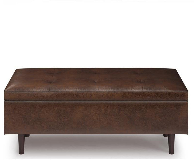 Shay Mid Century Rectangular Storage Ottoman, Distressed Chestnut Brown