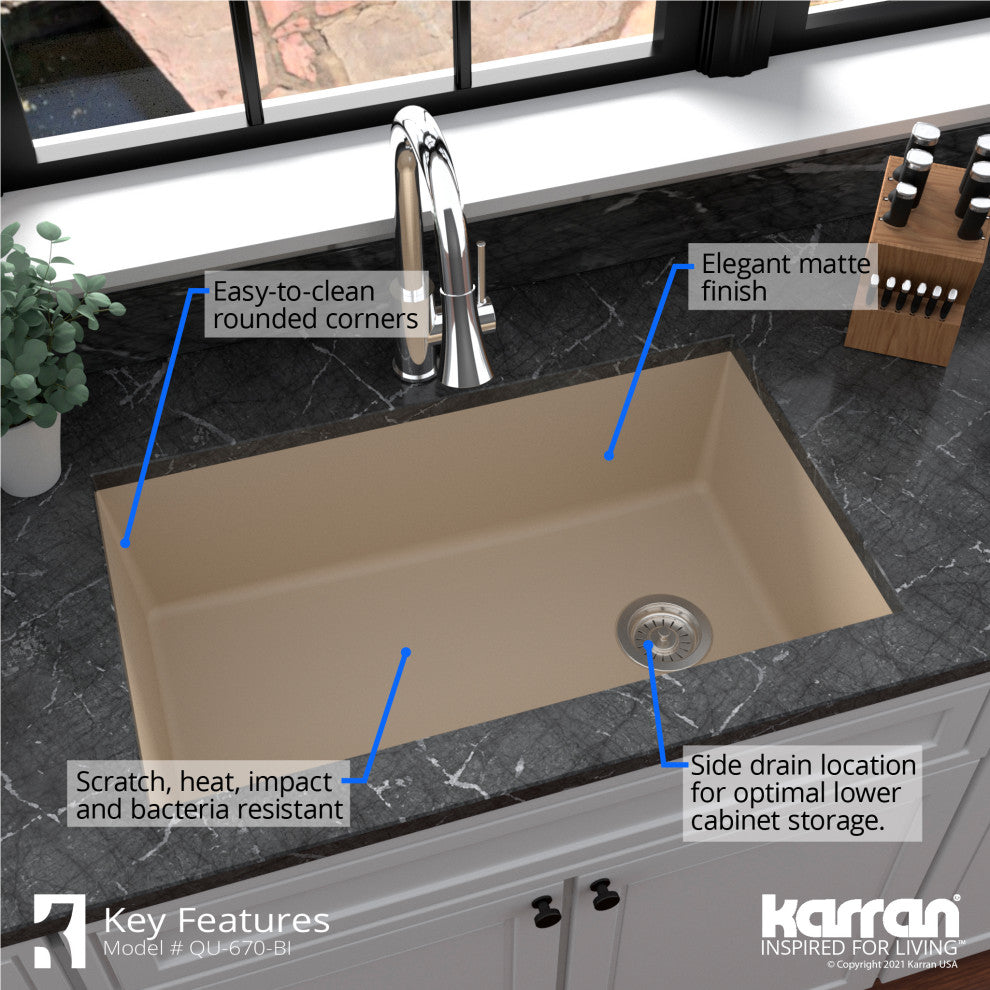 Karran Undermount Quartz 32" Single Bowl Kitchen Sink Kit, Bisque