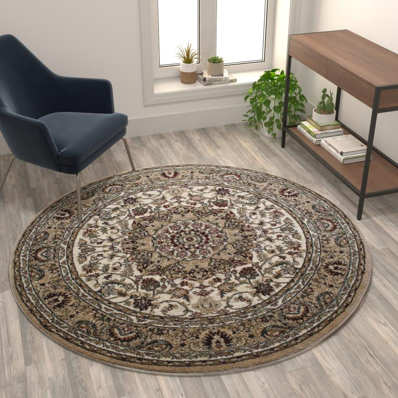 Mersin Collection Persian Style Area Rug - Olefin Rug with Jute Backing, Round Ivory - 5' X 5'