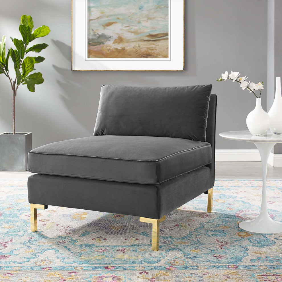 Sofa Middle Chair, Velvet, Gray, Modern, Living Lounge Hotel Hospitality