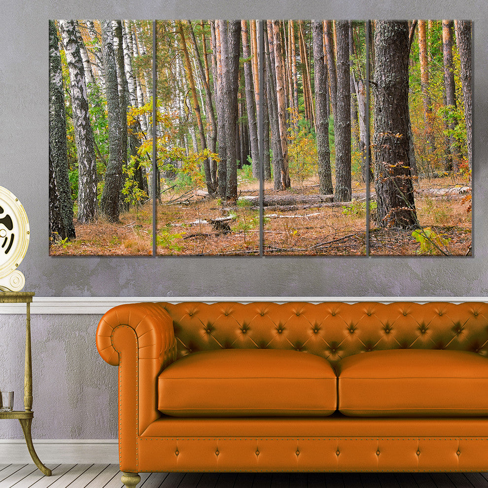 Green Fall Forest with Thick Woods, Modern Forest Canvas Art, 48"x28", 4 Panels