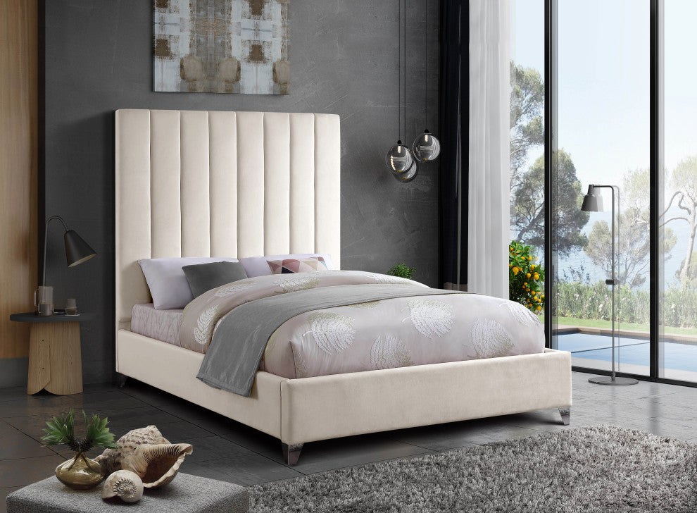 Via Velvet Upholstered Bed, Cream, Full