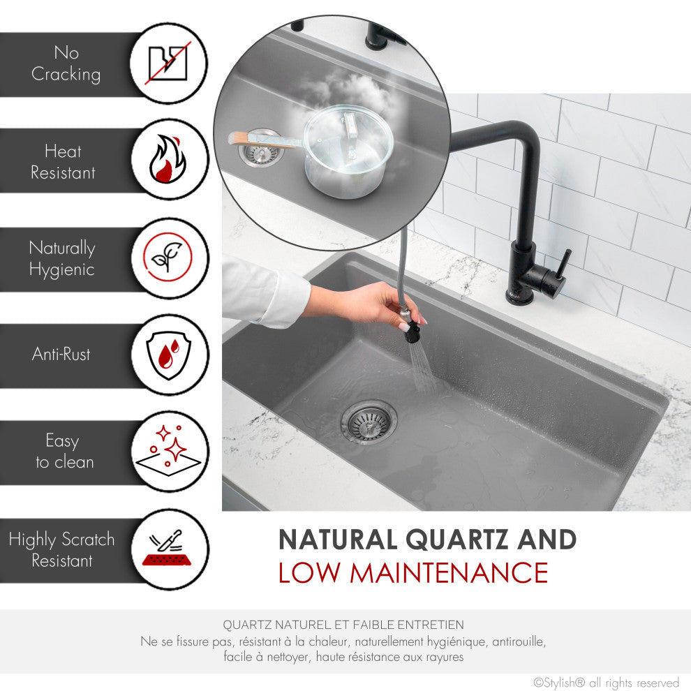 Stylish 28" Dual Mount Single Bowl Gray Granite Kitchen Sink