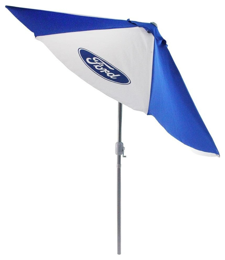 9' Blue and White Ford Umbrella With Hand Crank and Tilt