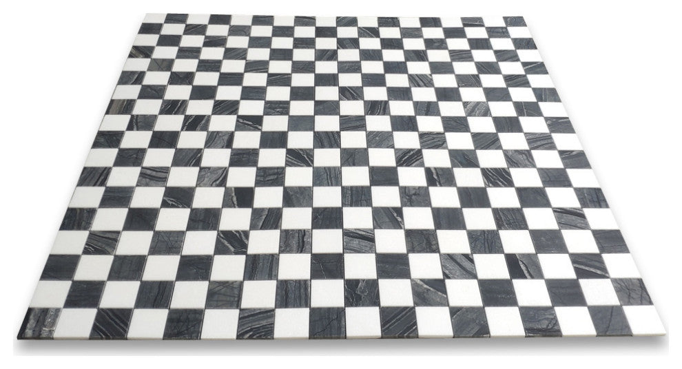 Silver Wave Black Forest Thassos White Marble Checkerboard Tile Honed, 1 sheet