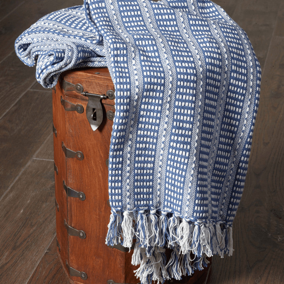 Blue and White Woven Cotton Striped Throw Blanket
