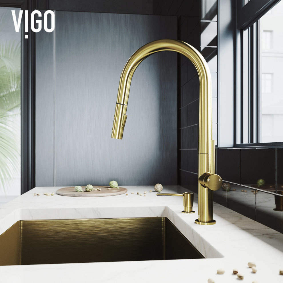 VIGO Greenwich 18" H Single Handle Pull-Down Sprayer Kitchen Faucet, Matte Brushed Gold, No Sensor, With Soap Dispenser