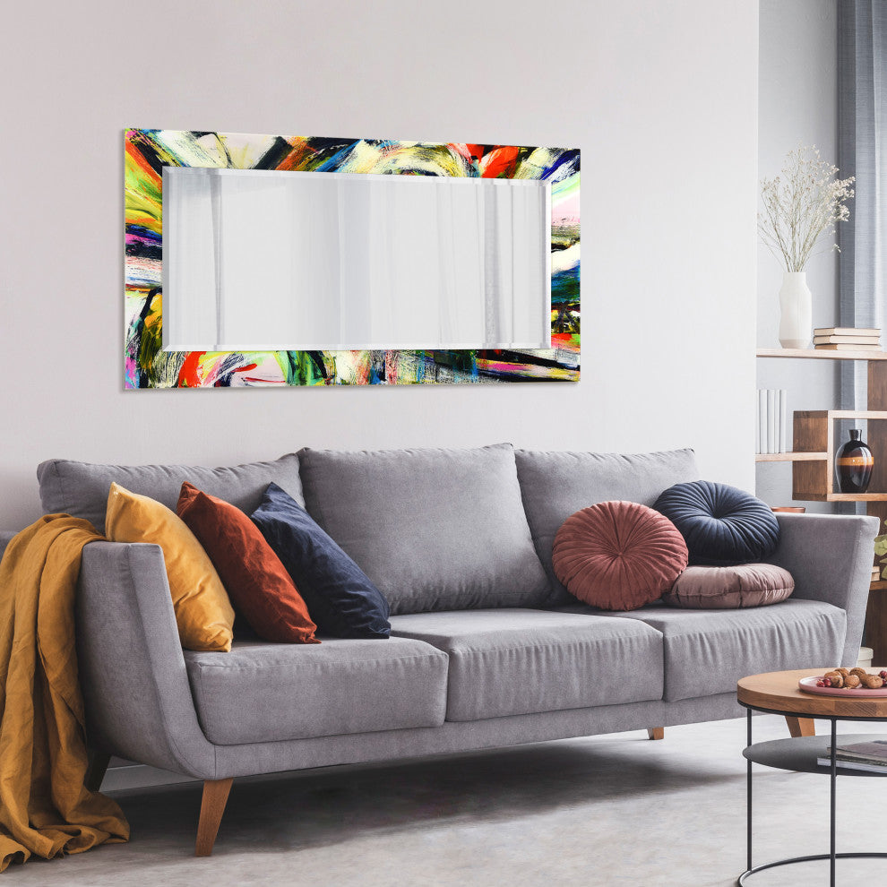 "Rock Star" Beveled Mirror on Printed Abstarct Tempered Art Glass, 54x28"