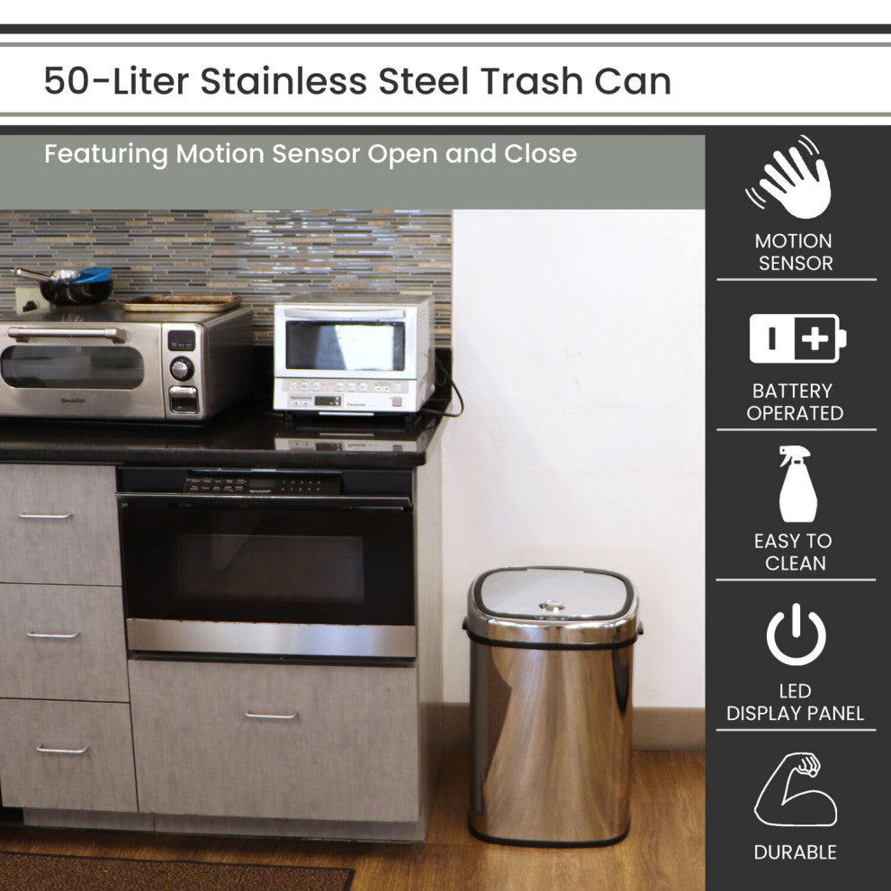 50-Liter / 13.2-Gallon Trash Can With Sensor Lid, Mirrored Stainless Steel
