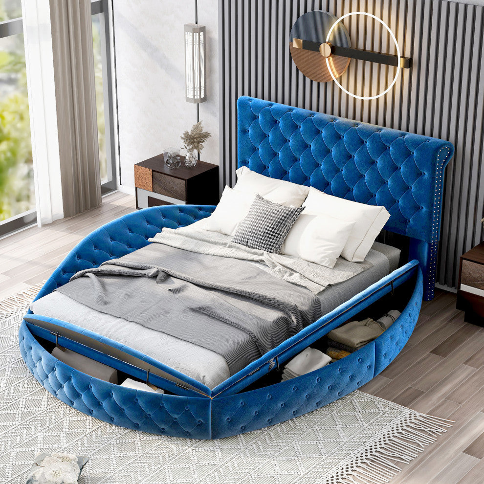 Full/Queen Upholstered Frame Platform Bed with Storage on Both Sides, Blue, Full