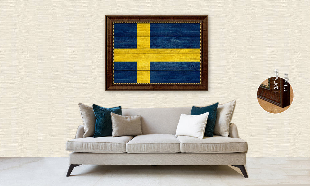 Sweden Country Textured Flag Print With Brown Gold Frame, 15"X21"