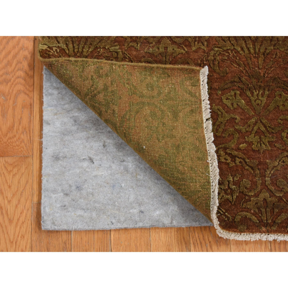 Brown, Abarasque Design, Wool and Silk Hand Knotted Runner Rug, 2'5"x11'4"