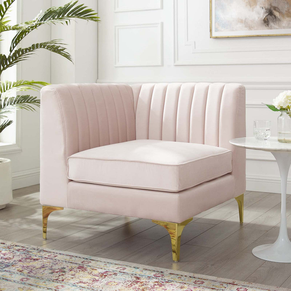 Tufted Sofa Corner Chair, Velvet, Pink, Modern, Living Lounge Hotel Hospitality
