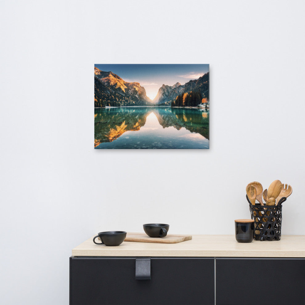 Sunrise Misty Mountain Lake Lively Color Landscape Photo Canvas Art Print, 18" X 24"