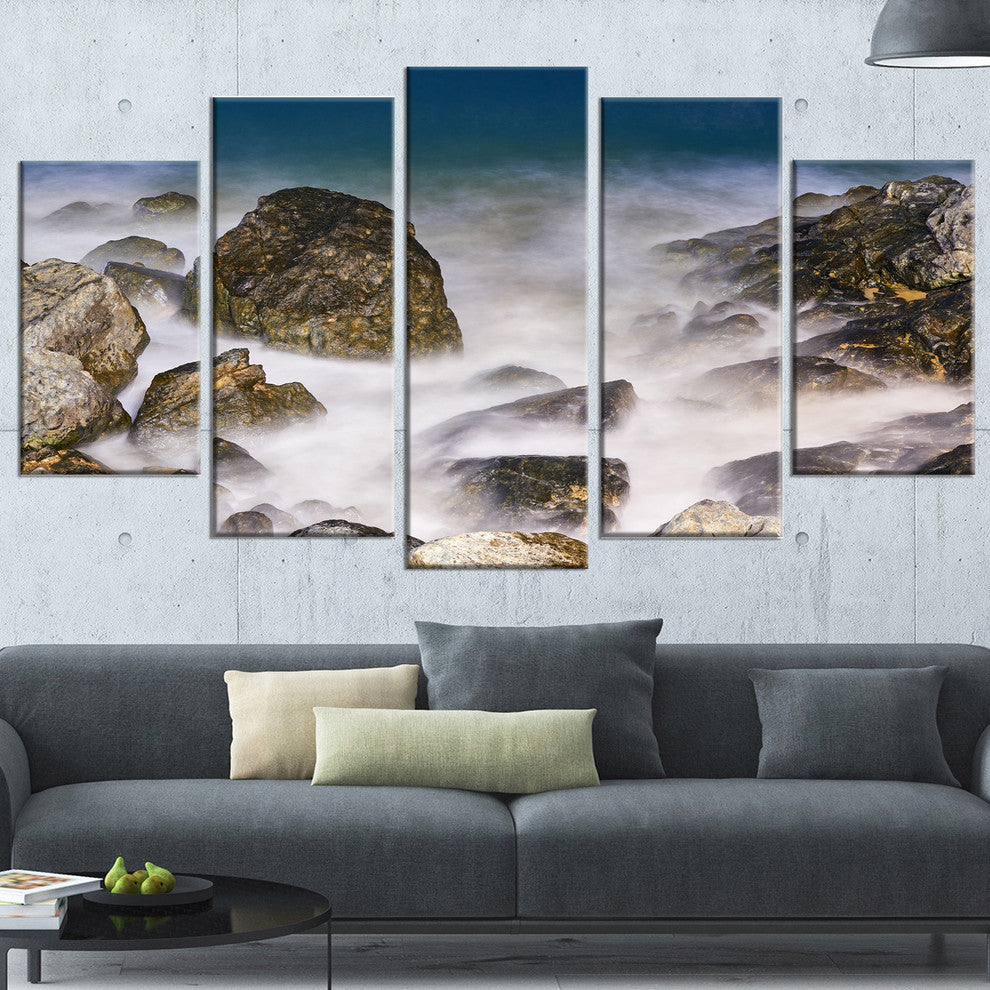 "Rocky Waves At Haeundae Coast Busan" Seascape Wall Art, 5 Panels, 60"x32"