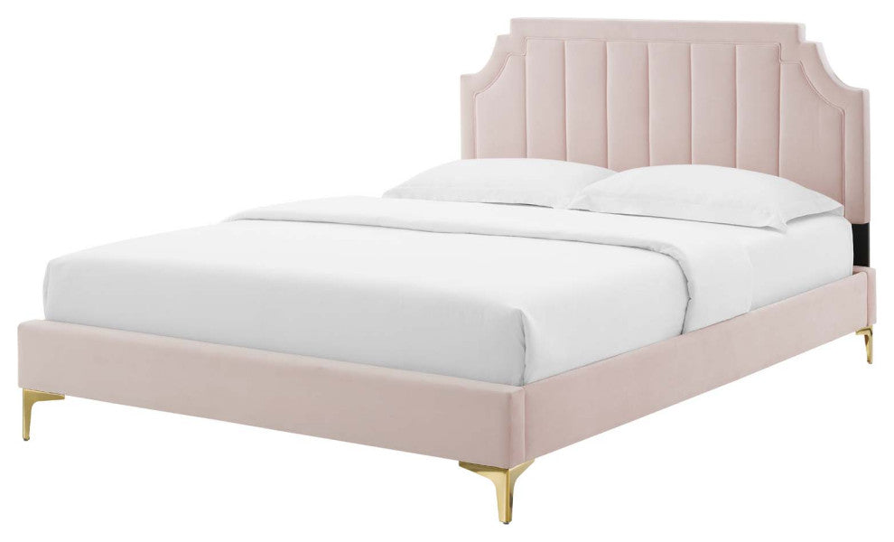 Platform Bed Frame, Queen Size, Velvet, Pink, Modern Contemporary, Bedroom