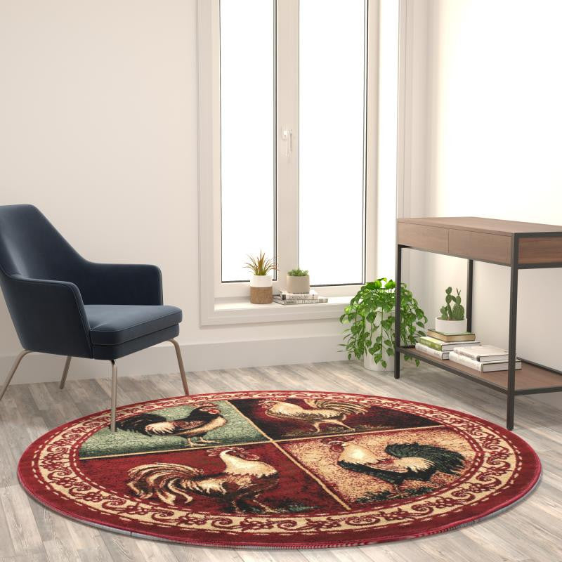 Gallus Collection Rooster Themed Olefin Area Rug, Red, 6' X 6'
