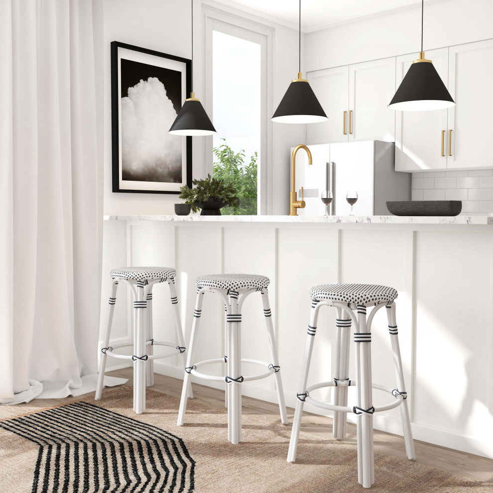 Tobias Rattan Bar Stool, White and Black, Diamond