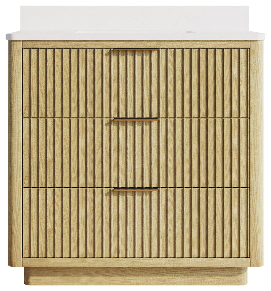 Solid Wood Freestanding Bathroom Vanity with White Quartz Top and Backsplash, 36"