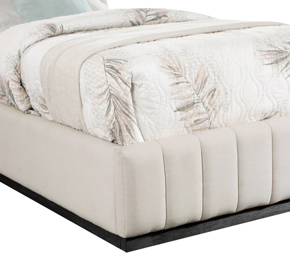 Lucia Beige Linen Textured Fabric Full Bed, Beige, Twin, Black Finish