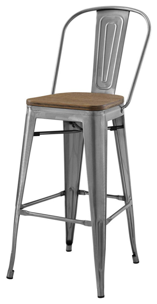 Bar Stool Chair Barstool, Set of 2, Wood, Gunmetal Silver, Bar Pub Cafe Bistro