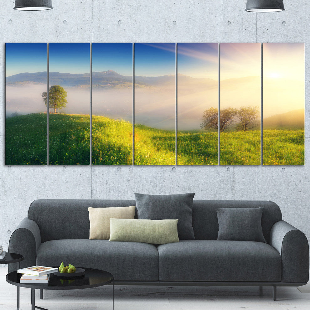 Morning Mist over Mountain Village, Landscape Canvas Print, 83"x32", 7 Panels