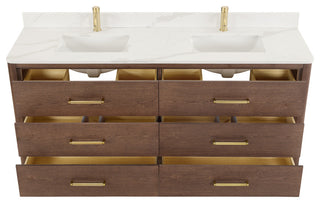 Porto Bath Vanity with White Quartz Stone Top, Dark Brown Oak, 72 in., No Mirror