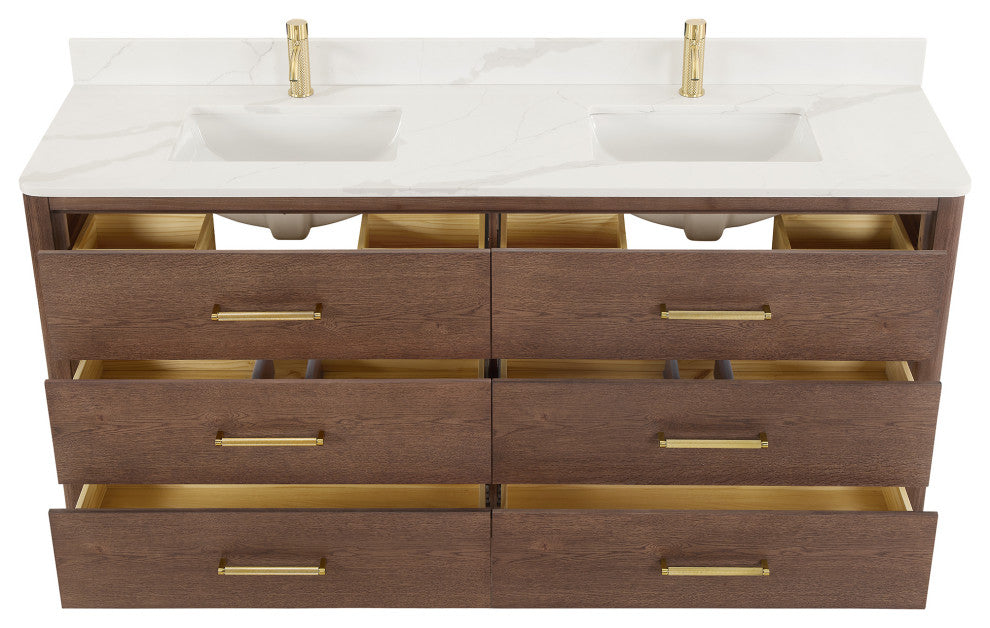 Porto Bath Vanity with White Quartz Stone Top, Dark Brown Oak, 72 in., No Mirror