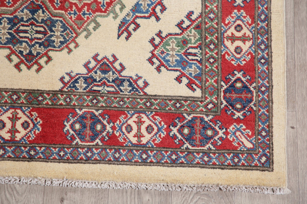 Hand-Knotted Kazak Oriental Traditional Pakistani Area Rug, Beige, 5'11"x4'0