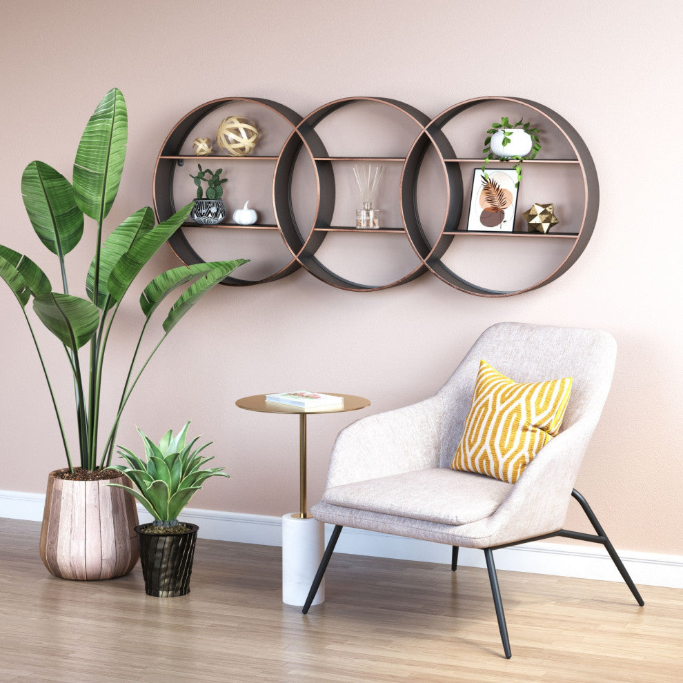 Bookcase Wall Shelf Rack, Steel Metal, Antique Copper, Lounge Lobby Hospitality