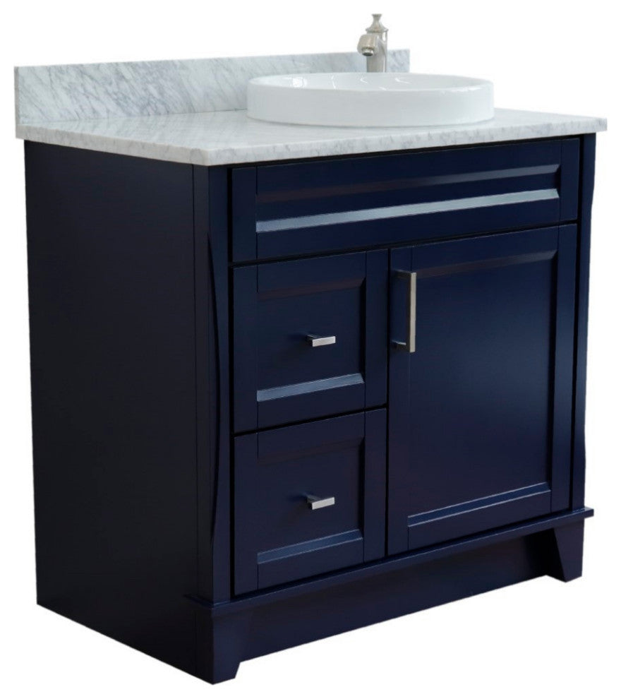 37" Single Sink Vanity, Blue Finish With White Carrara Marble