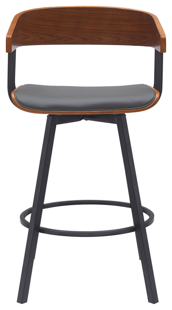 Athena Swivel Walnut Wood Counter Stool Gray Faux Leather With Black Metal, 27"