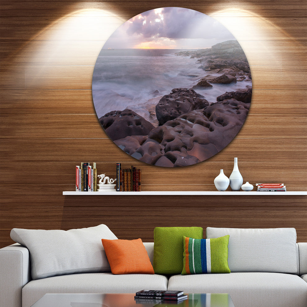 Dark Australian Seashore With Rocks, Seashore Disc Metal Wall Art, 23"