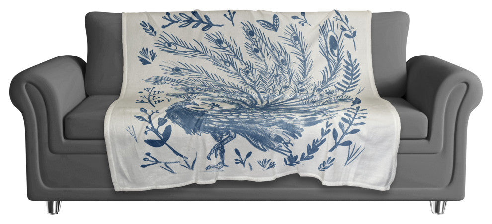 Blue Drawn Peacock 50x60 Coral Fleece Blanket
