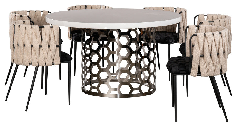 Laguna Silver and White Round 54" Dining Table With 6 Chairs, Black and White