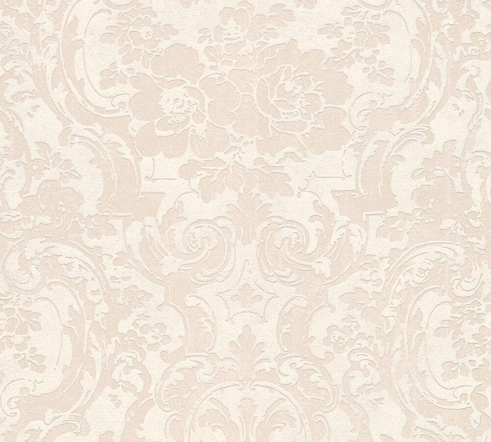 Moments, Baroque Motifs, Flowers And Garlands Cream Wallpaper Roll, Modern